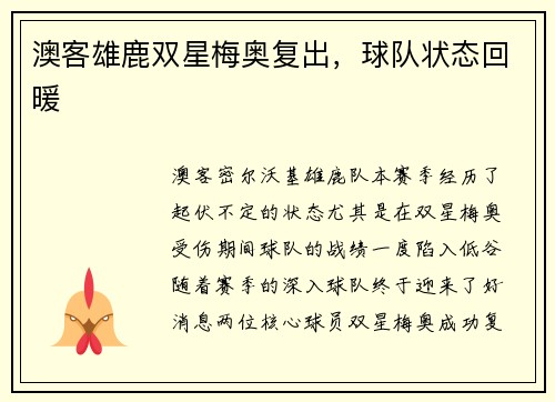 澳客雄鹿双星梅奥复出，球队状态回暖