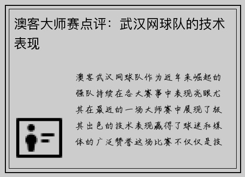 澳客大师赛点评：武汉网球队的技术表现