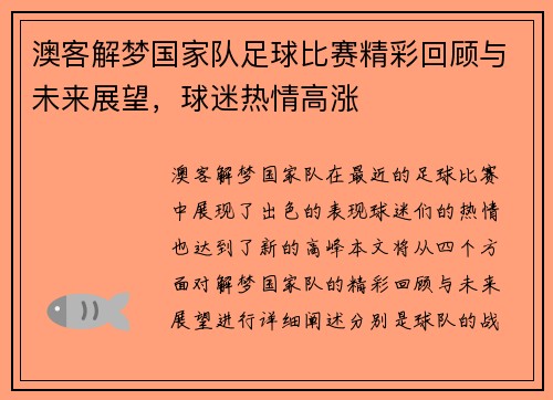 澳客解梦国家队足球比赛精彩回顾与未来展望，球迷热情高涨